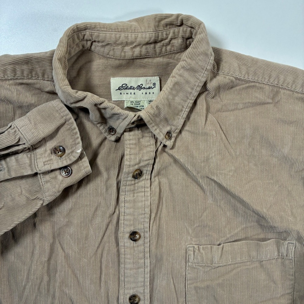 Vintage Eddie Bauer Corduroy Shirt XLT Tall Tan Button Pocket Hiking 90s Y2K